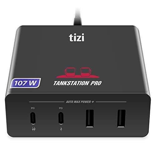 NEU equinux tizi Tankstation Pro (107W) - 2X USB-C, 2X USB-A, 2 USB-C PD Ports (96W & 30W) 2 USB-A Ports (12W) - 107W Netzteil mit GAN Power Delivery, kompatibel mit Apple MacBook Pro, iPad, iPhone