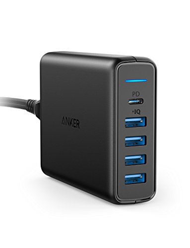 Anker PowerPort 5-Port USB C Ladegerät 60W Wandladegerät, 1-Port mit Power Delivery für MacBook Air 2018, iPad Pro 2018 und 4 PowerIQ Ports für iPhone 11/11 Pro/XR/XS/ X /X/8, Samsung S9/S8 usw.