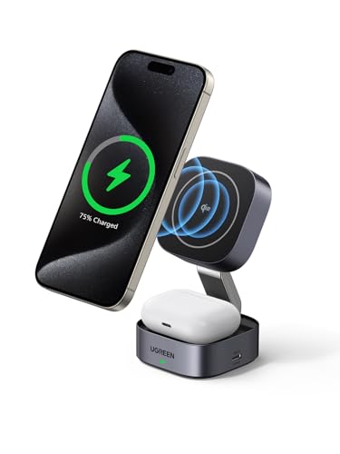 UGREEN MagFlow Qi2 zertifizierte 15W 2 in 1 Ladestation kompatibel mit MagSafe faltbares Wireless Charger für iPhone 16/15/14/13, AirPods 2/3, mit 1M Kabel, ohne Netzteil