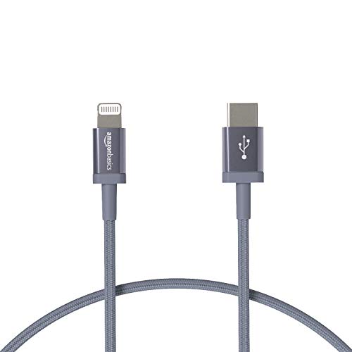 Amazon Basics - USB-C-auf-Lightning-Kabel, geflochtenes Nylon, MFi-zertifiziertes Ladekabel für iPhone 13/12/11/X/XS/XR/8, Dunkelgrau, 0,3 m