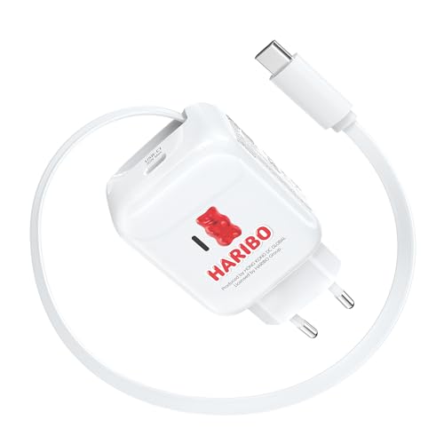 HARIBO 30W USB C Ladegerät mit Einziehbarem Ladekabel, Dual USB-C Schnellladegerät mit Kabel, GaN Netzteil Charger für iPhone 17 16 Pro Max, für iPad Pro, Galaxy S25 S24 Pixel, Reisen Geschenk, Rot