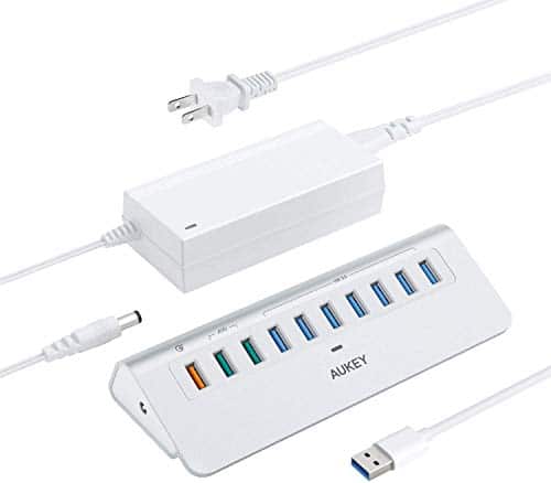 AUKEY USB 3.0 Hub 10 Port mit 7 Datenports und 3 Ladeports 2.4A mit 48W Netzteiladapter, On/Off Switch und USB 3.0 Kabel 3.3ft/1m USB Datenhub für Windows XP/Vista/7/8/10, iMac, MacBook Air/Pro/Mini, MacOS und Linux, usw.