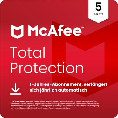 McAfee Total Protection 2025 (5 Gerät) | Virenschutz, VPN, Betrugsschutz, Sicherheitssoftware, Identitätsüberwachung | 1-Jahres-Abonnement mit automatischer Verlängerung | Download