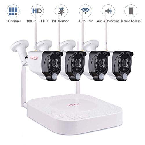 【Audio Aufnahme】 Tonton 1080P Audio Überwachungskamera Set Kabellos 8CH Recorder mit 4 x 1080P Audio Metallgehäuse WLAN Überwachungskamera PIR Bewegungsmelder Handy PC Fernzugriff (Ohne Festplatte)