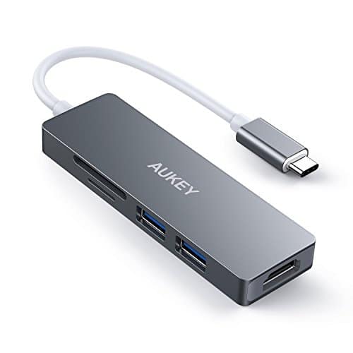 AUKEY USB C HUB HDMI 4K, 2 USB 3.0 Ports, 2 SD Kartenleser Aluminium 5 in 1 USB Typ C Adapter mit LED Erinnerung für MacBook Pro 2017, Google Chromebook Pixel, Huawei MateBook, Samsung S8 usw.