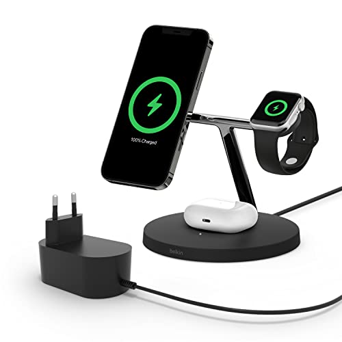 Belkin BoostCharge Pro drahtloses 3-in-1-Ladegerät mit MagSafe für iPhone 15, 14, 13, 12 + Apple Watch + AirPods (Magsafe Ladestation lädt iPhone 14-Modelle magnetisch mit bis zu 15 W auf) - Schwarz