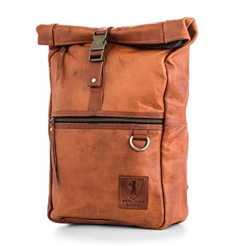 Berliner Bags Lederrucksack Utrecht M Roll Top aus Leder Kurierrucksack Tagesrucksack Fahrradrucksack Trekkingrucksack Schulrucksack Laptoprucksack Wasserdicht Damen Herren Vintage Retro Braun Groß