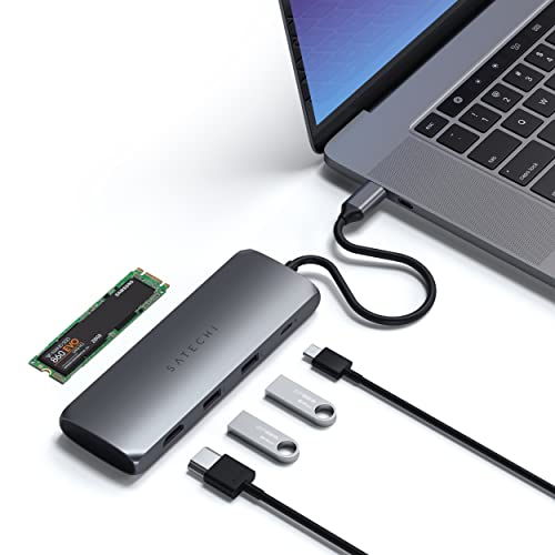 SATECHI USB-C Hybrid Multiport Adapter - Passend für M.2 SATA SSD, 4K HDMI 60Hz, USB-C PD, USB-A 3.1 Datenports - Für M2/ M1 MacBook Pro/Air, M2/ M1 iPad Pro/Air, M2 Mac Mini, iMac M1(Space Grau)