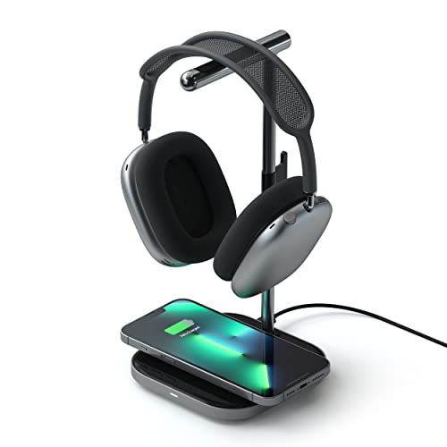 SATECHI 2-in-1 Kopfhörerständer mit kabellosem Ladegerät, USB-C-Anschluss & magnetisches Ladegerät, kompatibel mit Allen iPhone 16/15/14/13/12 Serien & weiteren Qi-Geräten, Space Grau