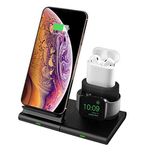 Hoidokly Qi Wireless Charger Ladeständer 3 in 1 Fast Kabelloses Ladegerät Induktive Ladestation Kompatibel mit Apple Watch Series 1/2/3/4/5,AirPods, iPhone 11/11 Pro/11 Pro Max/XS/Xs Max/XR/X/8/8 Plus