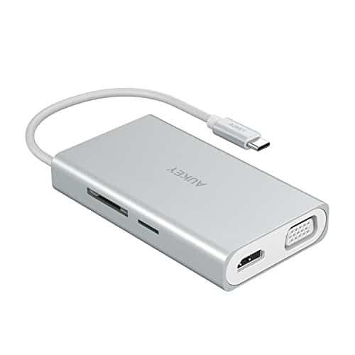 AUKEY USB C Hub HDMI 4k, VGA, SD & Micro SD Kartenslots, Ethernet 1000 Mbps, 2 USB 3.1 Anschlüsse, 60W USB C Ladeanschluss USB Type C Multiport Adapter für MacBook Pro 2017 / 2016, iMac 2017 usw (Silber)