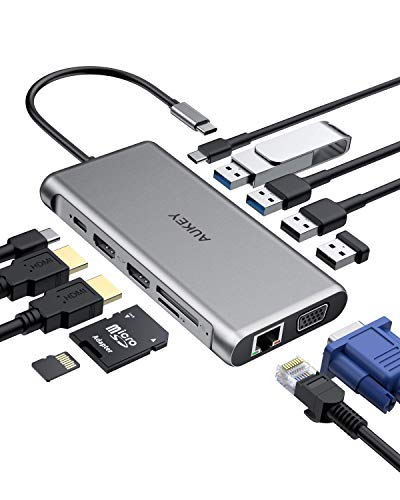 AUKEY Docking Station, 12 Ports USB C Hub Triple Display mit Ethernet,4K HDMI,VGA,2 USB 3.0,2 USB 2.0,100W PD, USB C Datenanschluss und SD/TF Kartenleser Kompatibel mit MacBook und Mehr Type C Laptops