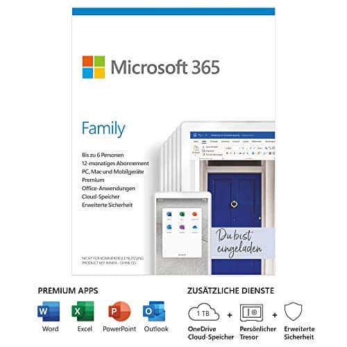 Microsoft 365 Family | 6 Nutzer | Mehrere PCs/Macs, Tablets und mobile Geräte | 1 Jahresabonnement | Box
