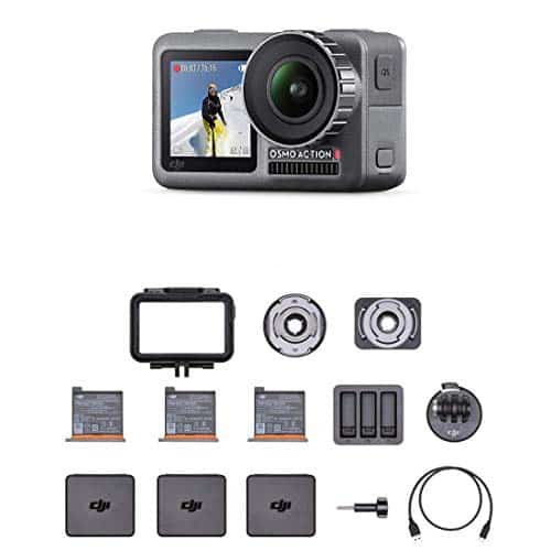 DJI Osmo Action Cam - Digitalkamera mit 2 Bildschirmen, wasserdicht bis zu 11 m, integrierte Stabilisierung, Foto und Video in 4K HDR bei 100 Mbit/s, Sprachsteuerung, Zubehör-Kit enthalten - Schwarz