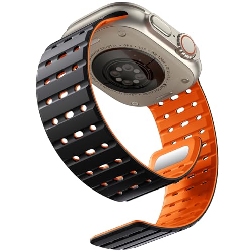 Bandletic Magnetbänder Kompatibel mit Apple Watch Armband 45mm 44mm 46mm 42mm 49mm, Weiches Silikon Sport Band für Apple Watch Ultra 3/2/1/SE/iWatch Series 11 10 9 8 7 6 5 4 für Herren,Schwarz Orange