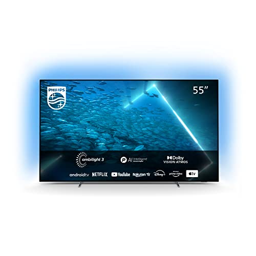 Philips 55OLED707 139 cm (55 Zoll) Fernseher (4K UHD, OLED, HDR10+, 120 Hz, Dolby Vision & Atmos, 3-seitiges Ambilight, Smart TV mit Google Assistant, Works with Alexa, Triple Tuner, Silber)
