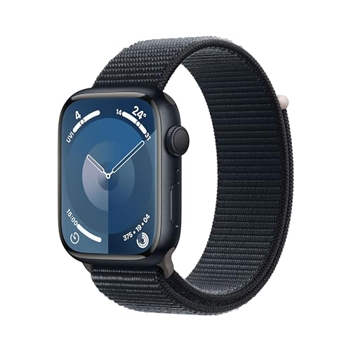 Apple Watch Series 9 (GPS, 45 mm) Smartwatch mit Aluminiumgehäuse und Sport Loop Armband in Mitternacht. Fitnesstracker, Blutsauerstoff und EKG Apps, Always-On Retina Display, CO₂ neutral
