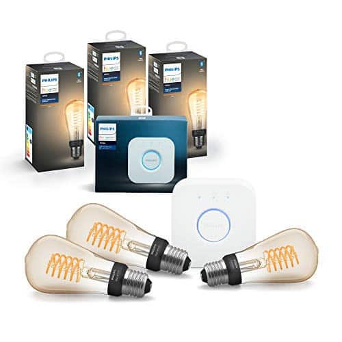 Philips Hue White Filament E27 LED Kolben 3-er Pack inkl. Hue Bridge, Vintage Design, warmweißes Licht, steuerbar via App, kompatibel mit Amazon Alexa (Echo, Echo Dot)