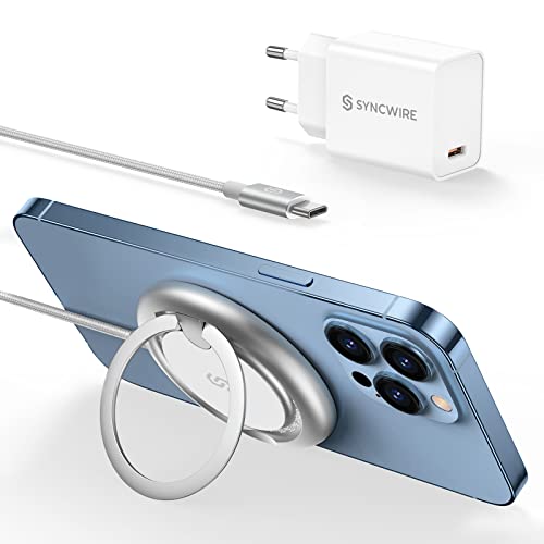 Syncwire Wireless Charger für MagSafe, Induktive Ladestation Magnetisches Kabelloses Ladepad mit Ring Fingerhalter für iPhone 13-/12- Serie [mit Ladegerät PD 20W & USB C Kable 1.5M] (Weiß)