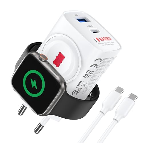 Haribo Ladegerät für Apple Watch, 3-in-1 20W USB C iPhone Ladegerät PD 3,0 Schnellladegerät für Apple Watch 10/9/8/7/Ultra/SE, USB C Netzteil für iPhone 17/16/15 Pro Max, Reisen Kompakt Geschenk, Rot