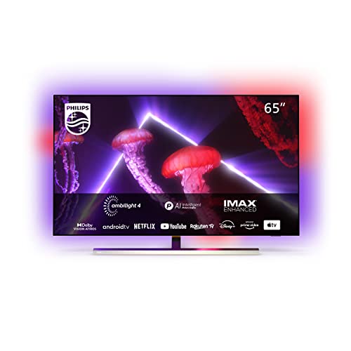 Philips 65OLED807 164 cm (65 Zoll) Fernseher (4K UHD, OLED, HDR10+, 120 Hz, Dolby Vision & Atmos, 4-seitiges Ambilight, Smart TV mit Google Assistant, Works with Alexa, Triple Tuner, Silber)