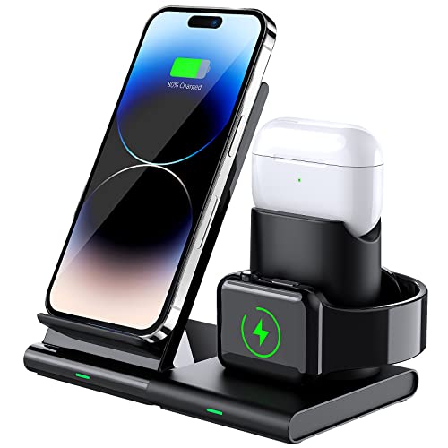 Hoidokly Kabelloses Ladegerät 3 in 1 Qi Fast Wireless Charger Induktive Ladestation für iWatch 8/7/6/5/4/3/2/1, AirPods Pro/2/3, iPhone 15/14 Pro/13/12 Pro Max/11/XR/XS/8P, Galaxy S23/S22/21