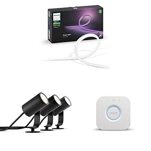 Philips Hue Outdoor Starter Set (inkl. 3er Lily Basis Set, 1 x 5 Meter Outdoor Lightstrip & Philips Hue Bridge), steuerbar via App, kompatibel mit Amazon Alexa (Echo, Echo Dot)