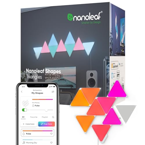 Nanoleaf Shapes Triangle Starter Kit, 9 Smarten Dreieckigen LED Panels RGBW - Modulare WLAN 16 Mio Farben Wandleuchte Innen, Musik & Bildschirm Sync, Funktioniert mit Alexa Google Apple, Deko & Gaming