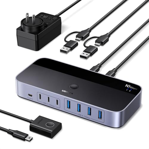 UGREEN 10Gbps USB Switch 2 In 7 Out USB C Switch mit 3C4A Ports, Netzteil, Fernbedienung und 2xC auf A/C Kabeln, kompatibel mit Mac mini M4/M4 Pro, MacBook Air M4, Windows usw.