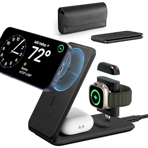 ESR 3 in 1 Ladestation Apple Watch und iPhone, iPhone Ladestation mit Apple Watch-Zertifiziert, Faltbare Magsafe Ladegerät für iPhone 15/14/13/12, Apple Watch 9/8/7/SE, AirPods Pro/3/2, Schwarz