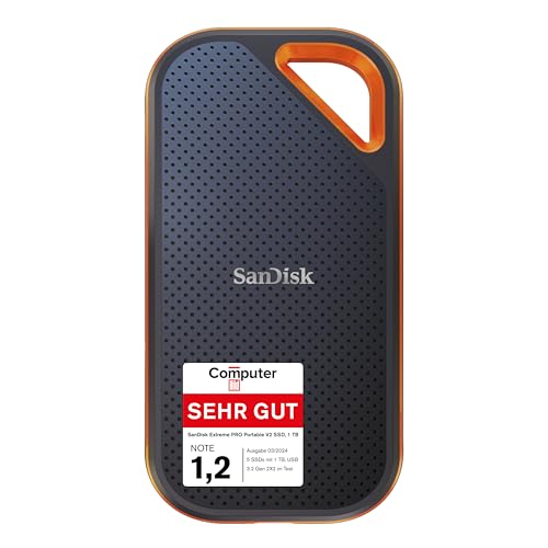 SanDisk Extreme PRO Portable SSD externe SSD 1 TB (externe Festplatte mit SSD Technologie 2,5 Zoll, 2000 MB/s Lesen und Schreiben, stoßfest, AES-Verschlüsselung, wasser- und staubfest) grau