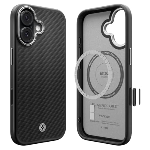 Spigen iPhone 17 Hülle [Spigen Premium Qualität] [2025 Upgrade Kamerasteuerung] Enzo Aramid T MagFit Case [Kevlar 1500D] Dünn Slim Stoßfest -Black Silver