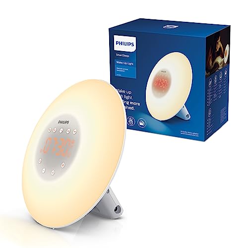Philips Wake-Up Light – Sonnenaufgangssimulation, 2 x natürliche Klänge, UKW-Radio, Leseleuchte, Schlummerfunktion (Modell HF3505/01)