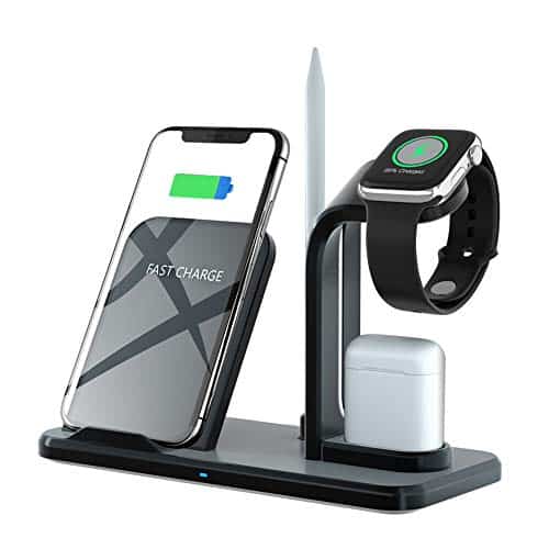 Ladestation Ständer für Apple Watch 5/4/3/2/1 (QC3.0 Adapter Enthalten) Schnelles kabelloses Induktives Ladegerät für AirPods,iWatch,iPhone 11 Pro/11/XS MAX/XR/X/8,Samsung Galaxy S10/S9/S8 und mehr