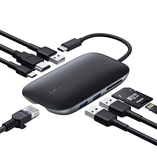 AUKEY USB-C Hub 8 in 1 USB Type C Hub mit Ethernet Port, USB C auf 4K HDMI, 3 USB 3.0 Ports, 100W USB C PD Ladeanschluss, TF Micro SD Kartenleser für MacBook Pro Air, Chromebook Pixel, USB C Laptops
