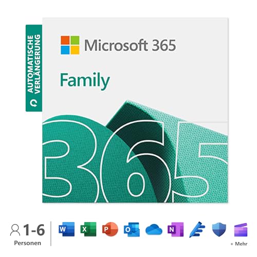 Microsoft 365 Family | 12 Monate mit automatischer Verlängerung, bis zu 6 Nutzer | Word, Excel, PowerPoint | 1TB OneDrive Cloudspeicher | PCs/Macs & mobile Geräte | Aktivierungscode per E-Mail