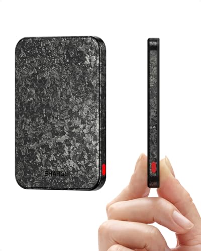 SHARGE CarbonMag MagSafe Powerbank, 5000mAh Magnetisches Kabelloses Tragbares Ladegerät, 20W PD & QC 3.0 Schnelllade-Akku für iPhone 17/16/15/14 Serie, Samsung S23/S22, iPad (USB-C-Kabel)