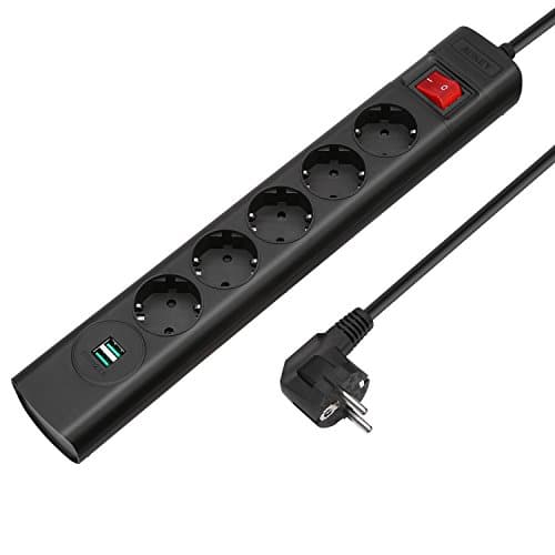 AUKEY Steckdosenleiste mit 5 Steckdosen und 2 USB Ports (5V 2.1A) Mehrfachsteckdose für iPhone 8 / X / 8 Plus, Macbook, Smartphone, Laptops, iPad, Tablet, TV und andere Geräte, mit 3m Netzkabe