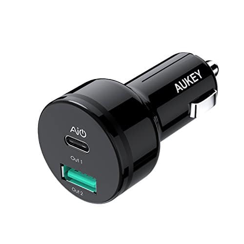 AUKEY USB C Auto Ladegerät Dual Ports mit 5V 3A USB C & 5V 2,1A USB Ausgang Kfz Ladegerät für iPhone X / 8 / 8 Plus / 7, iPad Air / Pro / mini, Nexus 5X / 6 / 6P, Samsung, HTC, LG usw.