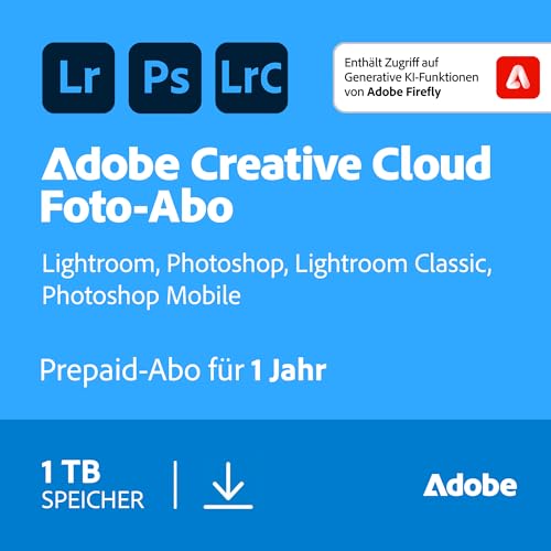 Adobe Creative Cloud Foto-Abo 1TB | inkl. Lightroom & Photoshop | 1 Jahr | KI-unterstützte Bildbearbeitung | WIN/MAC|Download | Aktivierungscode per Email