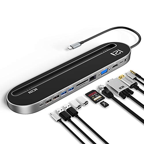 ICZI USB C Docking Station,12 in 1 USB C Hub Aluminium mit 4K HDMI VGA(DUAL-Display) 4 USB, 2 Type-C/PD, RJ45 Gigabit Ethernet,SD/TF-Kartenles,3.5mm Audio für MacBook Pro/Air Huawei P30 Type C Geräte