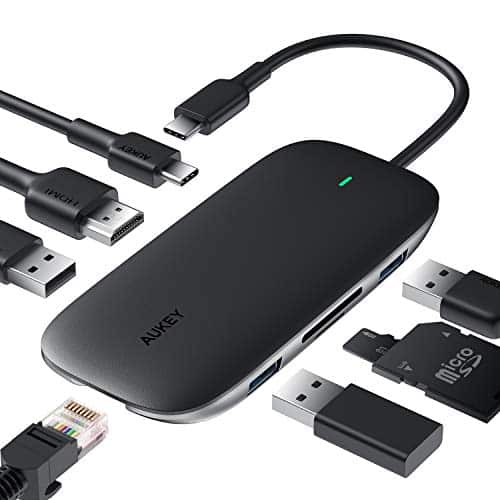 AUKEY USB C Hub 8 in 1 USB Type C Hub mit Ethernet Port, USB C auf 4K HDMI, 3 USB 3.0 Ports, 100W USB C PD Ladeanschluss, TF Micro SD Kartenleser für MacBook Pro Air, Chromebook Pixel, USB C Laptop
