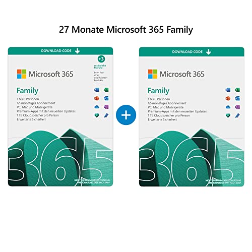 Microsoft 365 Family | 6 Nutzer | Mehrere PCs/Macs, Tablets und mobile Geräte | insgesamt 27 Monate nutzen | Aktivierungscode per Email