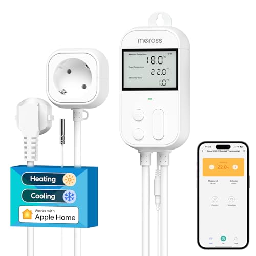 Meross Smart Thermostat Steckdose für HomeKit Digital WLAN Temperaturregler WiFi Heizungsthermostat Steckdose mit Fühler für Heizung und Kühlung 16 A, 2,4GHz, Weiß