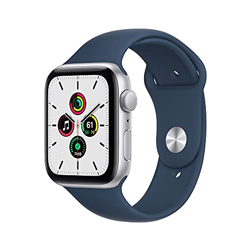 Apple Watch SE (1. Generation) (GPS, 44mm) Smartwatch - Aluminiumgehäuse Silber, Sportarmband Abyssblau - Regular. Fitness-und Aktivitätstracker, Herzfrequenzmesser, Wasserschutz