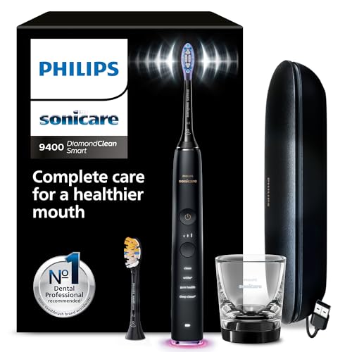 Philips Sonicare DiamondClean Smart 9400 elektrische Zahnbürste, Schallzahnbürste mit App, Drucksensor, Bürstenkopferkennung, 4 Putzmodi und 3 Intensitätsstufen, Schwarz, Modell HX9917/89