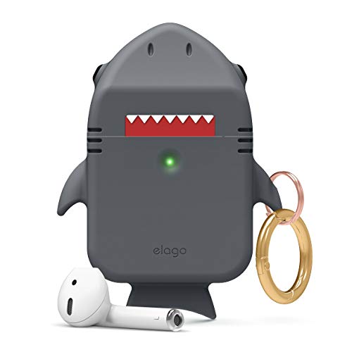 elago Shark Case mit Karabiner Kompatibel mit AirPods Hülle 2 & 1 Ladecase - Lustige und Süße Schutzhülle im Hai-Design, 3D-Cartoon Design, Hochwertiges Silikon (Dunkelgrau)