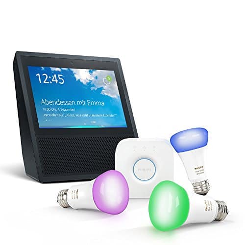 Echo Show (1. Gen.) - schwarz inkl. Philips Hue White & Colour E27 Starter Set mit Bridge