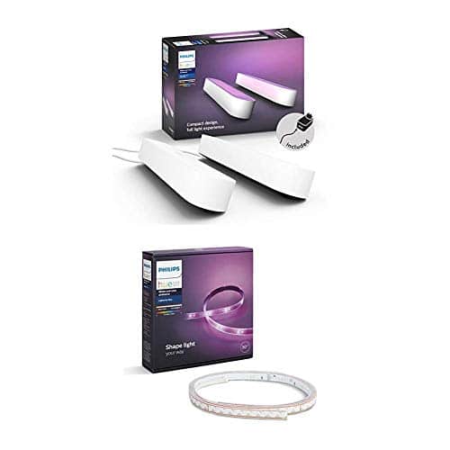 Philips Hue White and Color Ambiance Play Lightbar Doppelpack, dimmbar, weiß/schwarz + LightStrip+ Basis Set (ohne Bridge), 2m, kompatibel mit Amazon Alexa (Echo, Echo Dot)