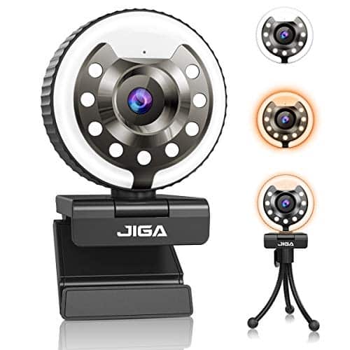 1080P Webcam mit Mikrofon, Full HD Facecam Streaming Webcams, USB Kamera mit Ringlicht, Stativ, 360° Schwenken, JIGA Web Camera für PC, Videochat, Laptop, Zoom, Skype (Weiß, Warmes, Natürliches Licht)